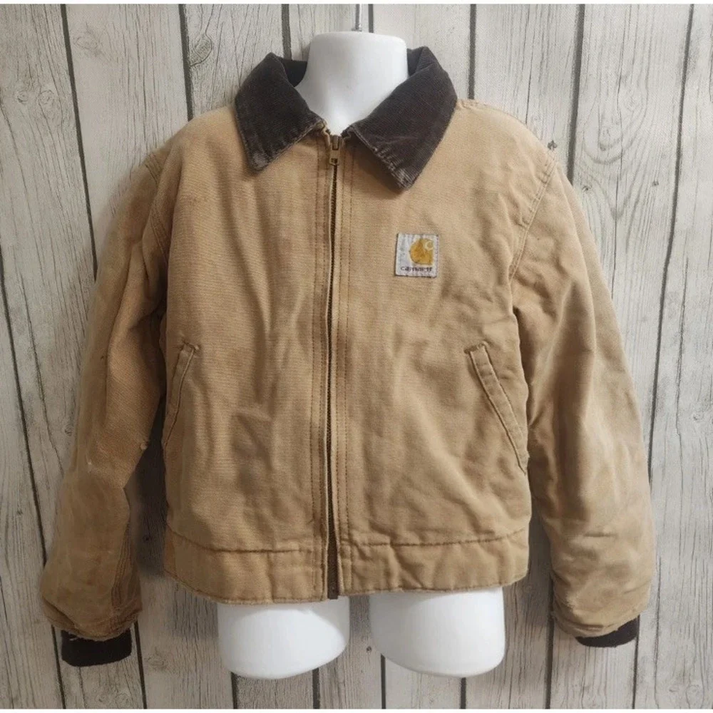 Vtg Carhartt Kid Jacket Tan Duck Canvas Quilted Lined Distressed Sz 10 USA JQ606